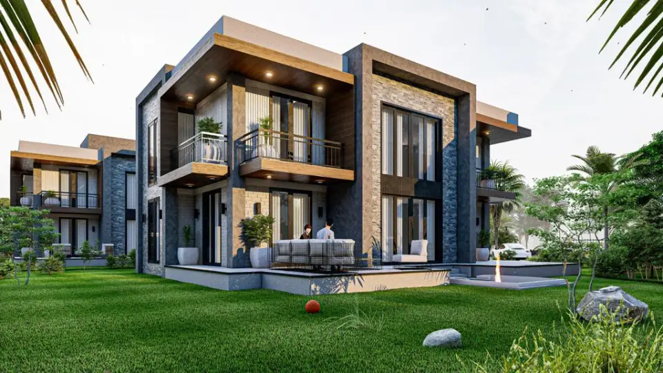Taş ve ahşap kaplamalı iki katlı villa, bahçe ve oturma terası — 3D görselleştirme