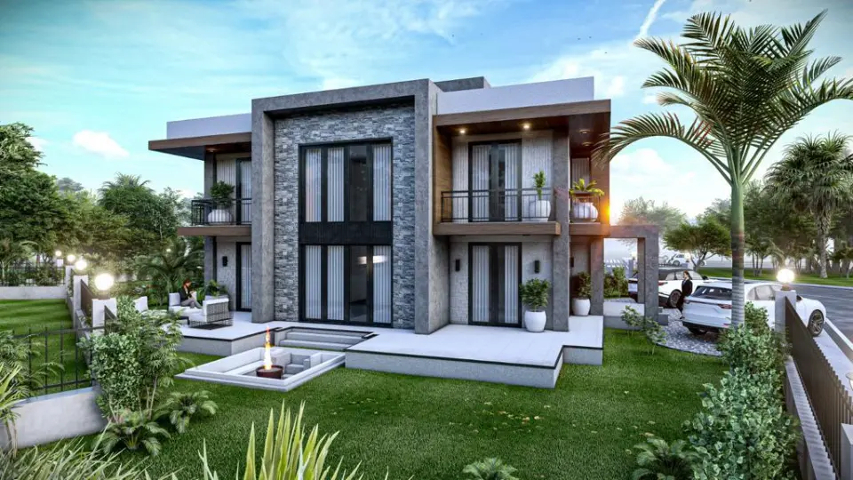 Taş kaplı giriş kulesi ve ahşap saçaklı iki katlı villa cephesi — 3D görselleştirme