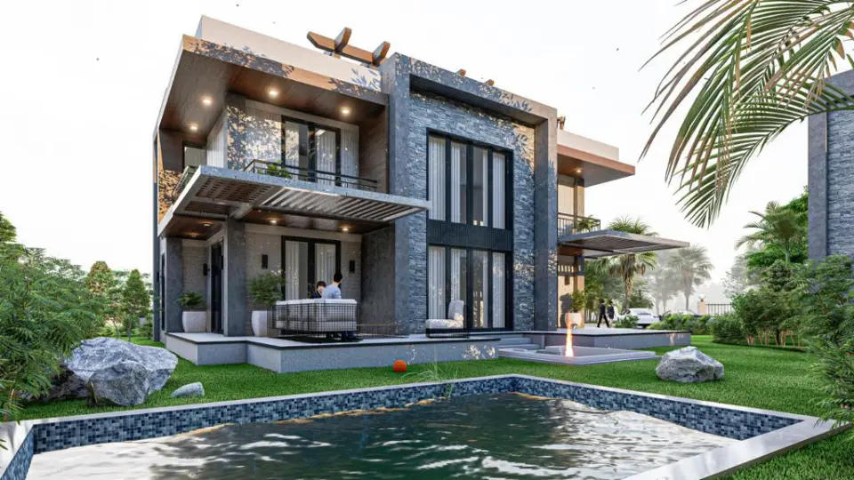 Havuz kenarından taş cepheli iki katlı villa ve terası — 3D görselleştirme