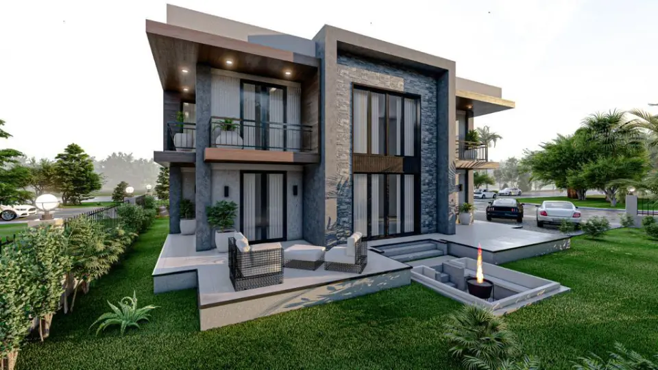 Villanın bahçe cephesi, terası ve ateş çukuru — 3D görselleştirme