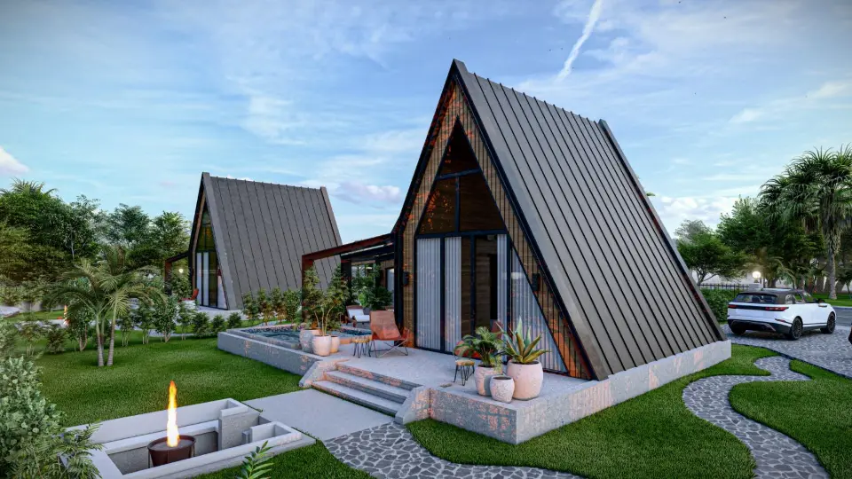Metal kaplı A-çatı bungalov, taş teras ve ateş çukuru — 3D görselleştirme
