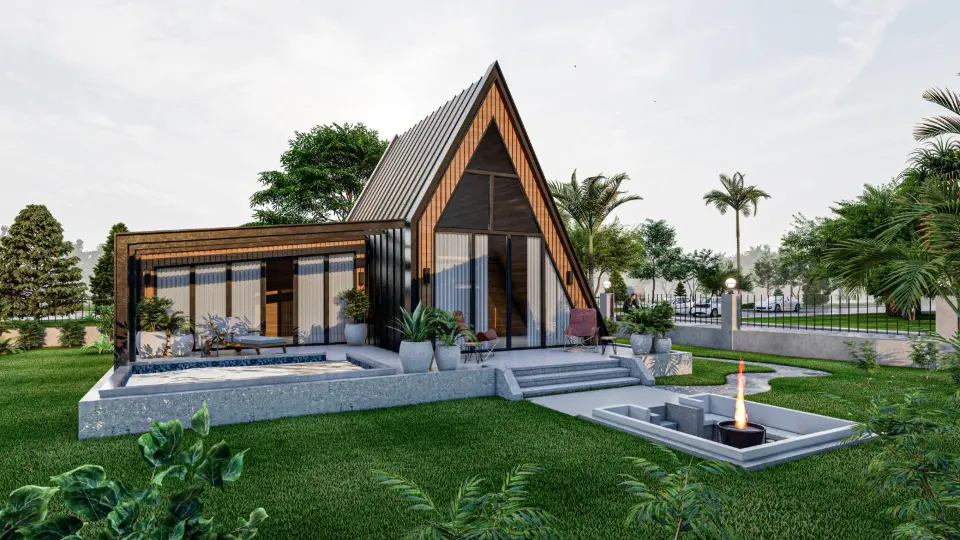 Havuzlu terası olan A-çatı bungalov ve bahçesi — 3D görselleştirme