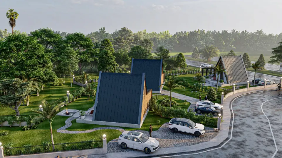 Ağaçlar arasındaki A-çatı bungalovlar ve iç yol, yüksekten bakış — 3D görselleştirme