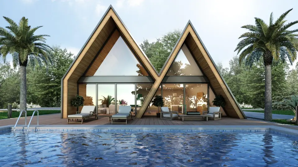Havuz kenarında ikiz A-çatı bungalov, geniş cam cepheler ve ahşap teras — 3D görselleştirme