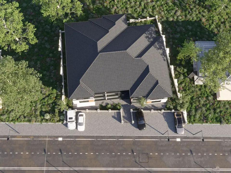 Kırma çatılı konut bloğu ve otoparkı, kuşbakışı — 3D görselleştirme