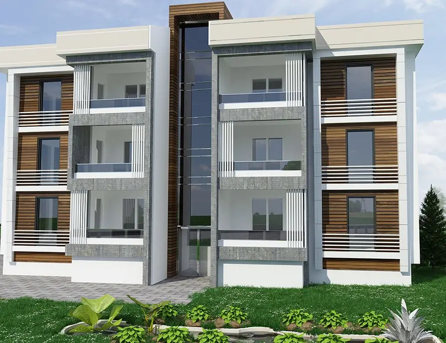 Ahşap detaylı, cam merdiven kuleli üç katlı konut — 3D görselleştirme
