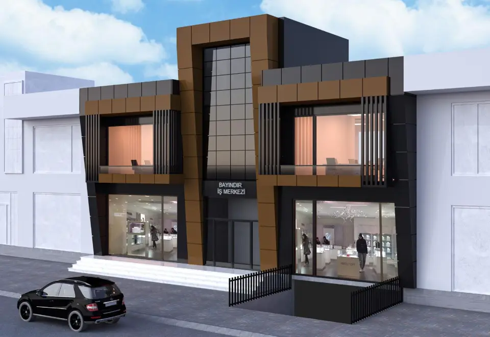 Bayındır İş Merkezi’nin cam çekirdekli giriş cephesi — 3D görselleştirme