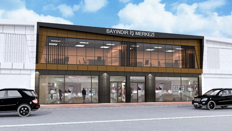 Bayındır İş Merkezi’nin camlı vitrinleri ve kaplama bantlı cephesi — 3D görselleştirme